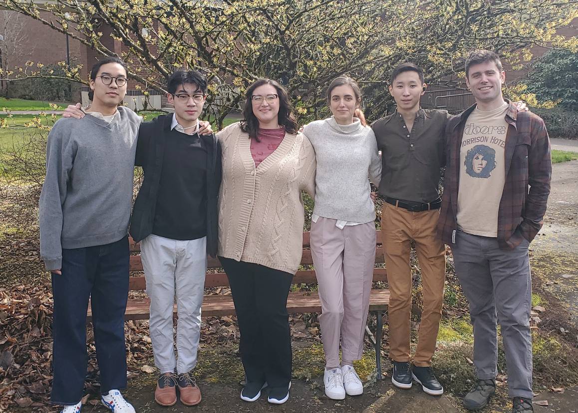 The Edmonds College Green Team (L to R: Takumi Yamamoto, Wilfridus Kusnadi, Emily Hall, Ember Rice-Narusch, Khan-Erkhes Tseden-Ochir, AmeriCorps member Connor Oswold), led efforts that kept 36,000 pounds of recyclables, compostables, and refurbishable electronics out of landfills during the Campus Race to Zero Waste competition. (photo courtesy of Stewart Sinning/Edmonds College)
